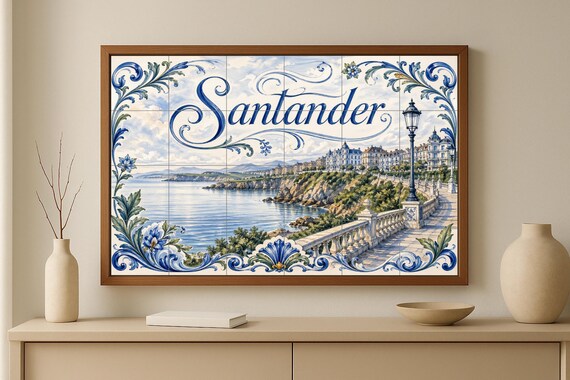 Mural de azulejos cerámicos costeros de Santander, decoración de pared junto … — vista 3