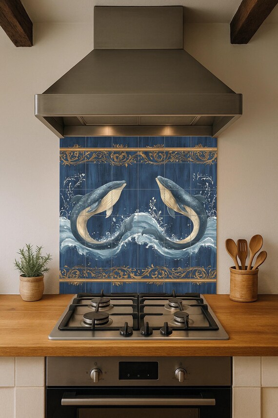 Mural de pared de cerámica de ballena azul con olas del océano y borde orname… — vista 2