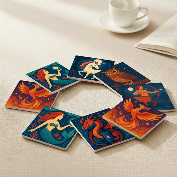Criaturas míticas, posavasos de azulejos de fantasía, dragón, fénix y — vista 4