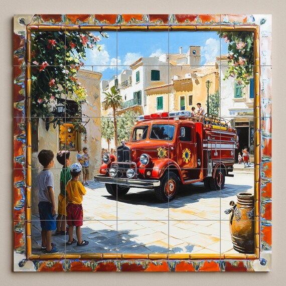 Mural cerámico con un camión de bomberos antiguo en un pueblo mediterráneo — vista 3