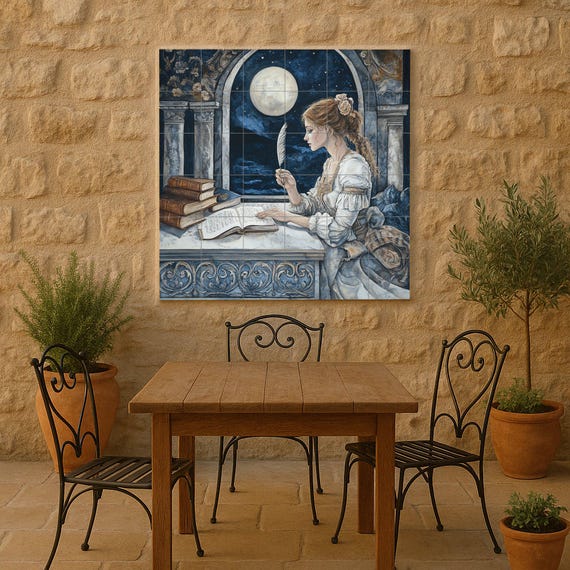 Mural cerámico histórico de la Dama con Pluma de Moonlit Arch