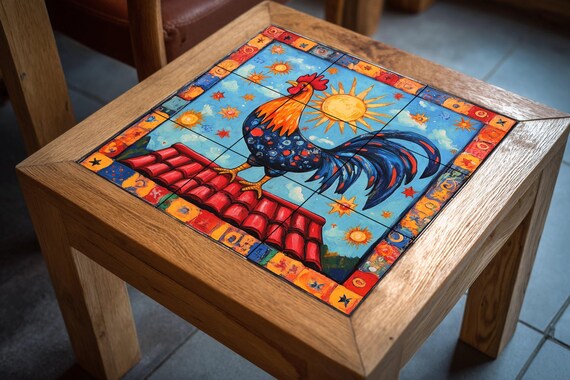 Mural de azulejos cerámicos de gallo portugués con sol radiante, borde celest… — vista 4