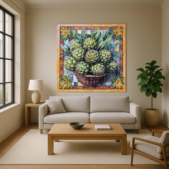Mural de azulejos de cerámica con cesta de alcachofas frescas y panel decorat… — vista 4