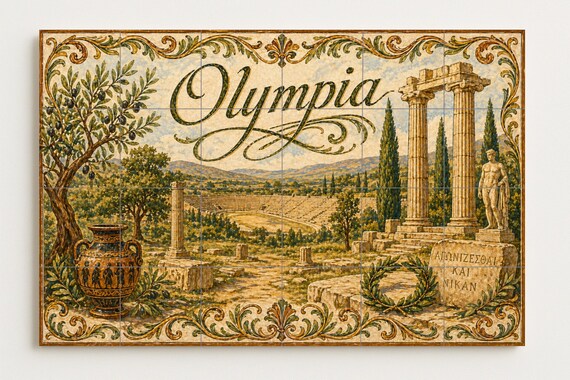 Mural de azulejos de cerámica de Olimpia, Grecia, arte mural de ruinas olímpi… — vista 3