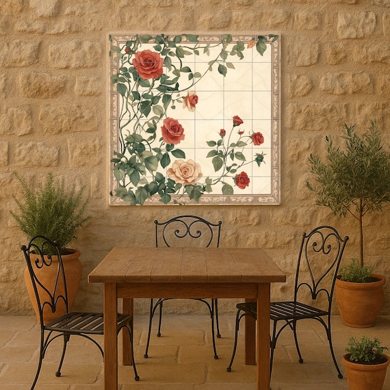 Mural de azulejos de cerámica con rosas románticas, diseño botánico floral vi… — vista 4