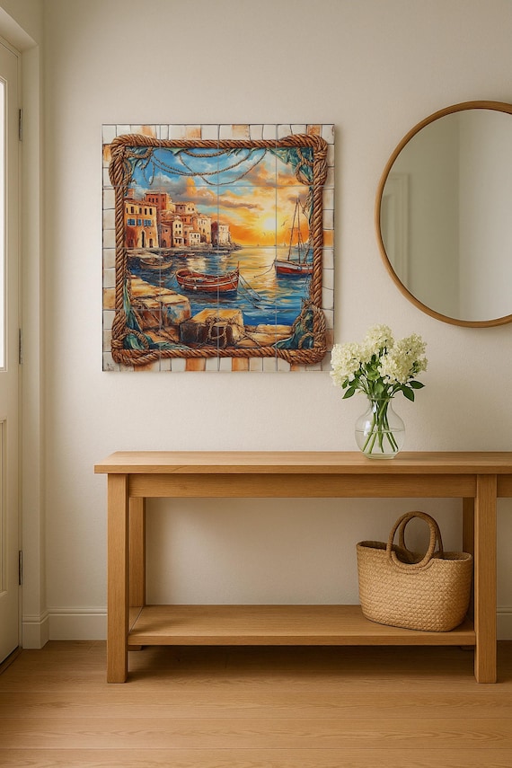 Mural de azulejos de cerámica con puesta de sol en el puerto, barcos de pesca… — vista 2