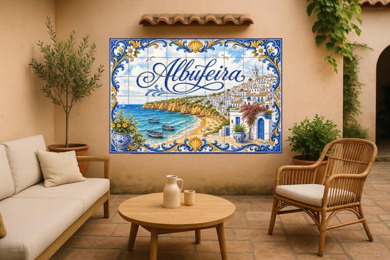 Mural de azulejos de cerámica de Albufeira, Portugal, pueblo costero del Alga…