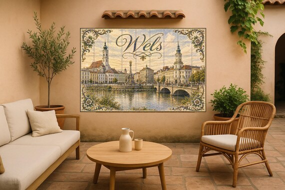 Mural de azulejos de cerámica de Wels, Austria, arquitectura histórica ribere… — vista 3