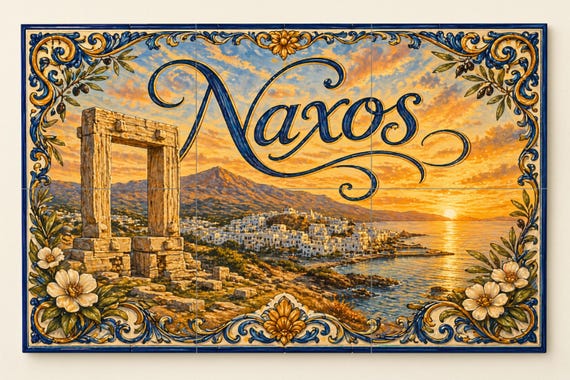 Mural de azulejos de cerámica de Naxos, arte mural costero de las Cícladas al…