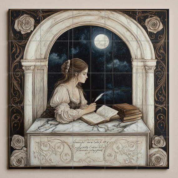 Mural romántico de cerámica de una dama escribiendo junto a una ventana ilumi… — vista 3