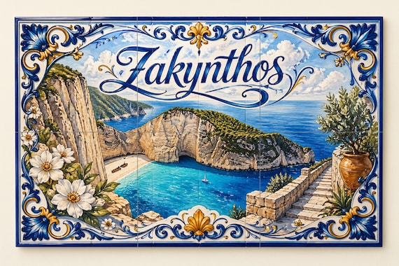 Mural de azulejos de cerámica de Zakynthos, Grecia, arte mural de la playa de… — vista 4