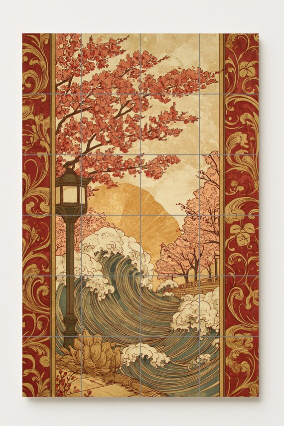 Mural cerámico de olas doradas y flores — vista 2