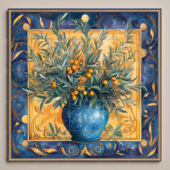 Mural de azulejos de cerámica con jarrón de aceitunas mediterráneo — vista 3