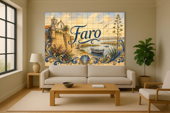 Mural de azulejos de cerámica de Faro, Portugal, decoración de pared de la ci… — vista 2