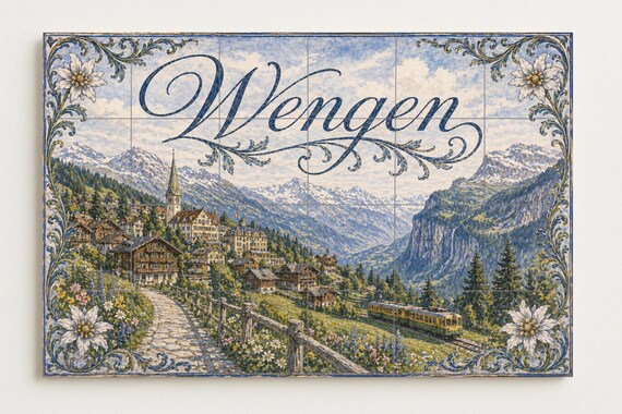 Mural de azulejos de cerámica de Wengen, Suiza, arte mural de pueblo alpino, … — vista 4