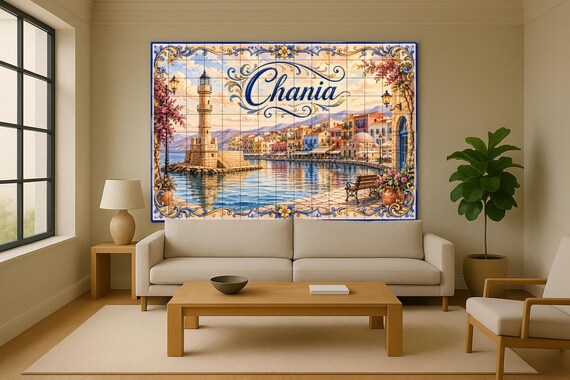 Mural de azulejos de cerámica de Chania, arte mural del faro del puerto grieg… — vista 2