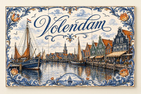 Mural de azulejos de cerámica del puerto de Volendam, Países Bajos, decoració… — vista 2