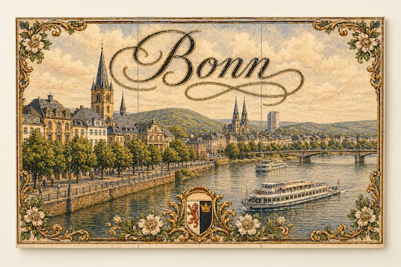 Mural de azulejos de cerámica de Bonn, Alemania, arte mural de paisaje urbano… — vista 4
