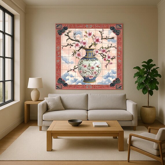 Mural de cerámica con jarrón de porcelana china — vista 2