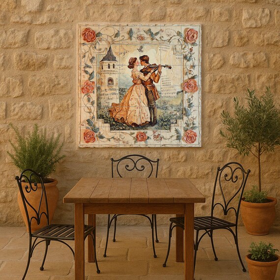 Mural de pared de cerámica de pareja romántica con serenata de violín y borde… — vista 2