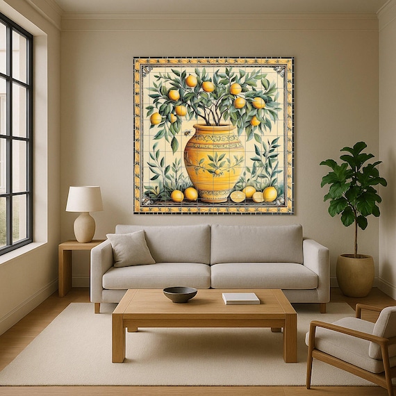 Mural de azulejos de cerámica con jarrón de limones mediterráneos — vista 4