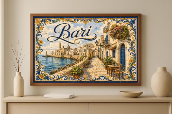 Mural de azulejos de cerámica de Bari, arte mural costero italiano con arquit… — vista 3