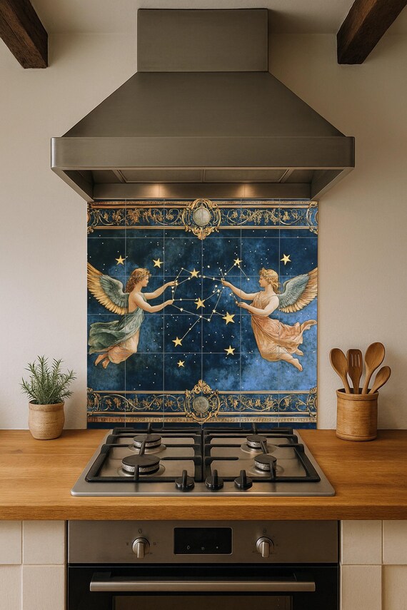 Mural de azulejos cerámicos renacentistas celestiales con constelaciones del … — vista 4