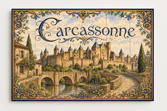 Mural de azulejos de cerámica de Carcasona, arte mural de un castillo medieva… — vista 3