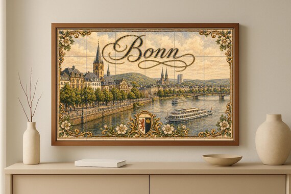 Mural de azulejos de cerámica de Bonn, Alemania, arte mural de paisaje urbano… — vista 2