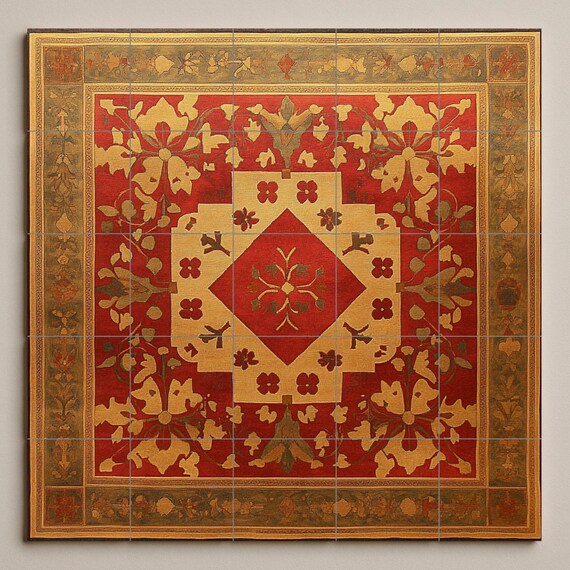 Mural de cerámica armenia con motivos de cruces, rosetas doradas, pieza centr… — vista 2