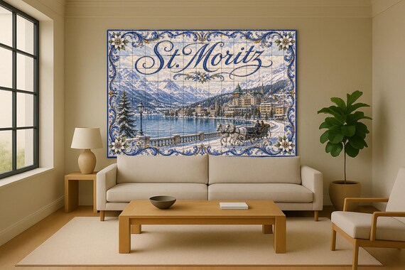 Mural de azulejos de cerámica de St. Moritz, arte mural de invierno de los Al… — vista 2