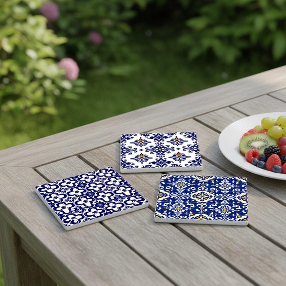 Azulejo, posavasos de azulejos azules y blancos, decoración de mesa de