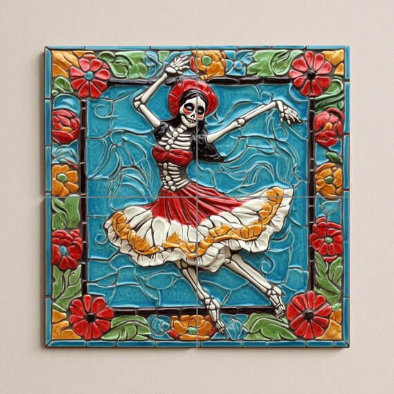 Mural de azulejos de calavera danzante — vista 3