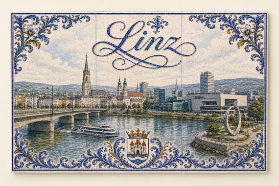 Mural de azulejos de cerámica del río Danubio en Linz, Austria, con el modern… — vista 3