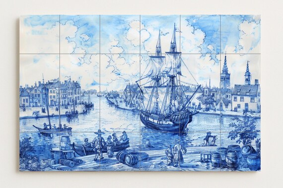 Mural de azulejos de barco azul de Delft — vista 3