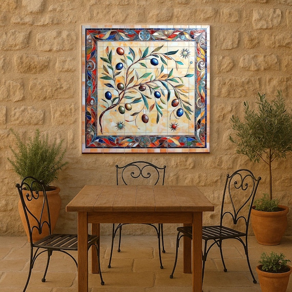 Mural de pared de olivo de cerámica mediterránea con ramas coloridas dibujada… — vista 4