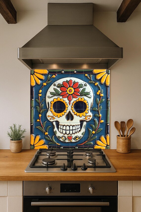 Mural de azulejos con calaveras de azúcar del Día de Muertos — vista 3
