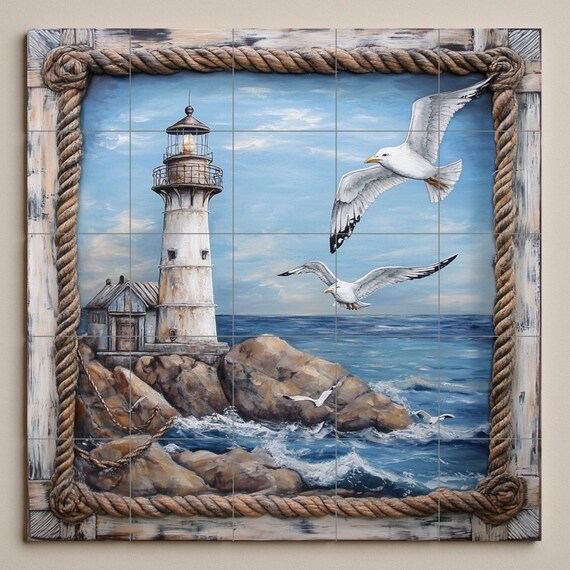 Mural de pared de cerámica de faro costero con gaviotas sobre olas del océano… — vista 3