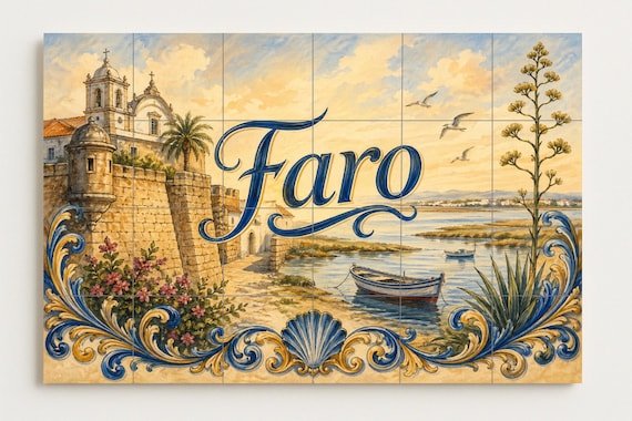 Mural de azulejos de cerámica de Faro, Portugal, decoración de pared de la ci… — vista 4