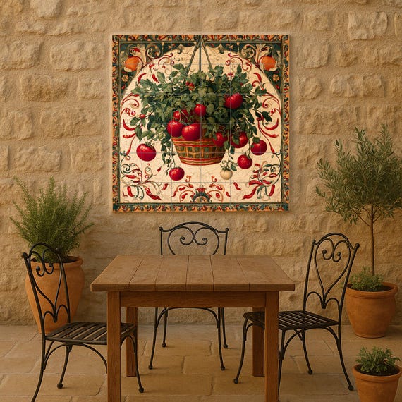 Mural de azulejos de cerámica italiana rústica con cesta de tomates colgante …