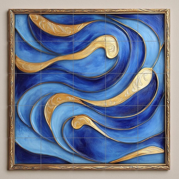 Mural de azulejos de cerámica abstractos azules y dorados para pared. Panel d… — vista 3
