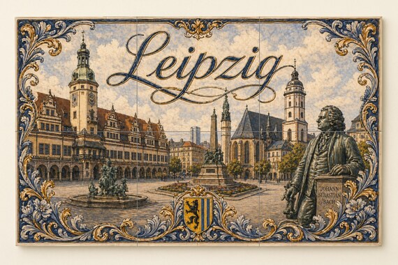 Mural de azulejos de cerámica de Leipzig, Alemania, arte mural con paisaje ur… — vista 3
