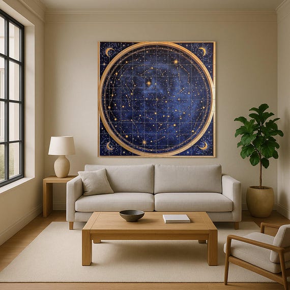 Mural de pared de cerámica con mapa estelar celestial con constelaciones y lu… — Mural cerámico de Cerámicas La Noria