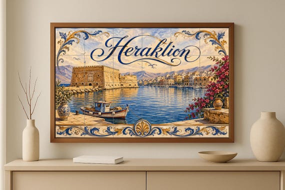 Mural de azulejos de cerámica de Heraklion, Creta, arte mural del puerto medi…