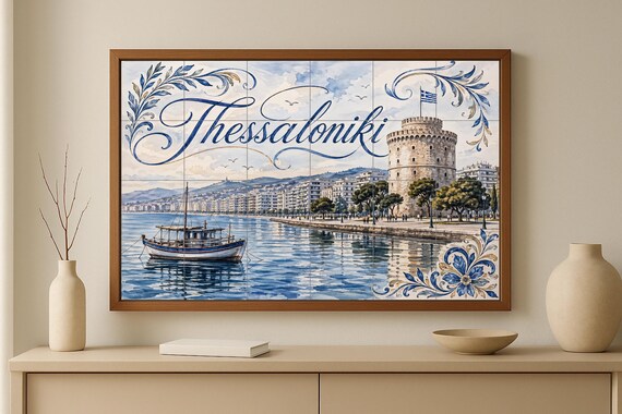 Mural de azulejos de cerámica de Tesalónica, decoración costera de la Torre B… — vista 3