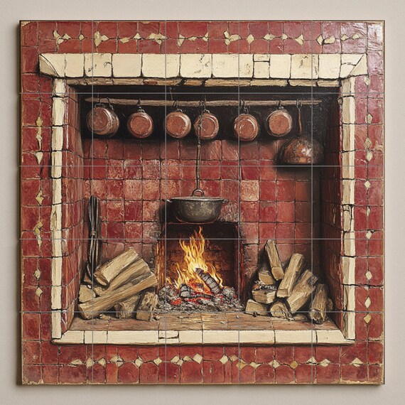 Mural de azulejos de cerámica con chimenea rústica — vista 3