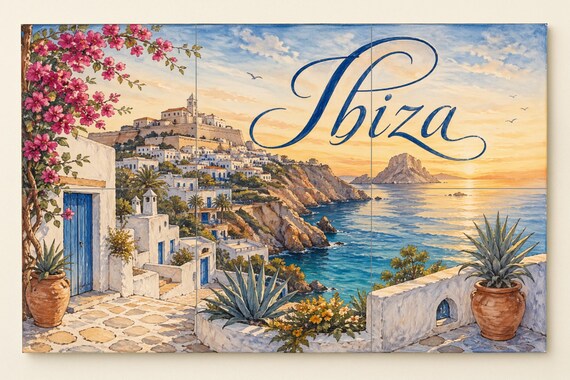 Mural de azulejos de cerámica de Ibiza Dalt Vila, decoración de pared mediter… — vista 3