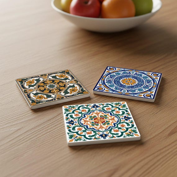 Azulejos mediterráneos / Juego de posavasos estilo azulejo / Decoració