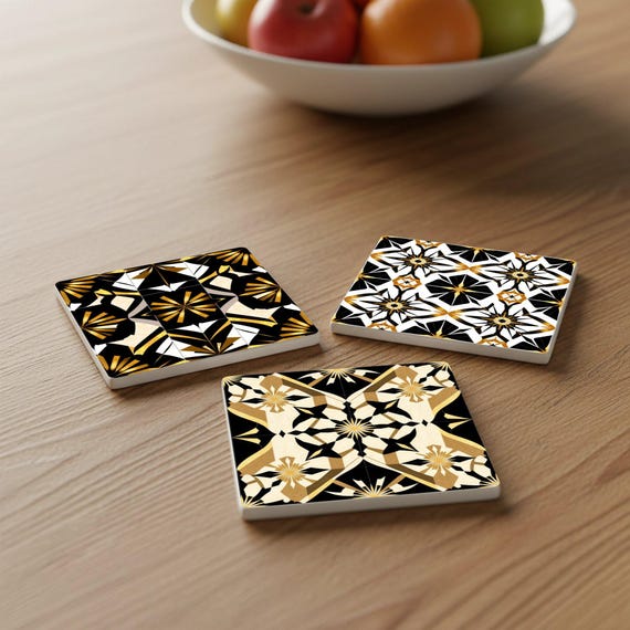 Art Déco - Azulejos geométricos de cerámica en negro, blanco y dorado