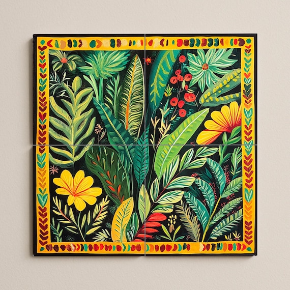 Mural de cerámica colombiana con follaje tropical — vista 3